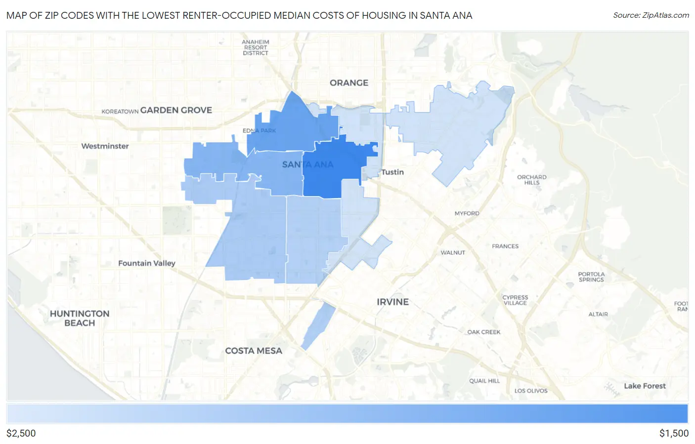 Zip Codes with the Lowest Renter-Occupied Median Costs of Housing in Santa Ana Map