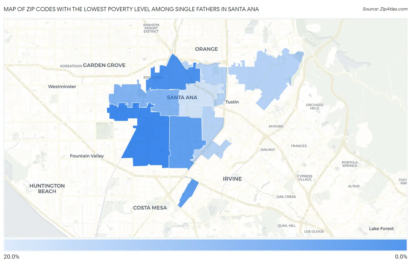 Zip Codes with the Lowest Poverty Level Among Single Fathers in Santa Ana Map