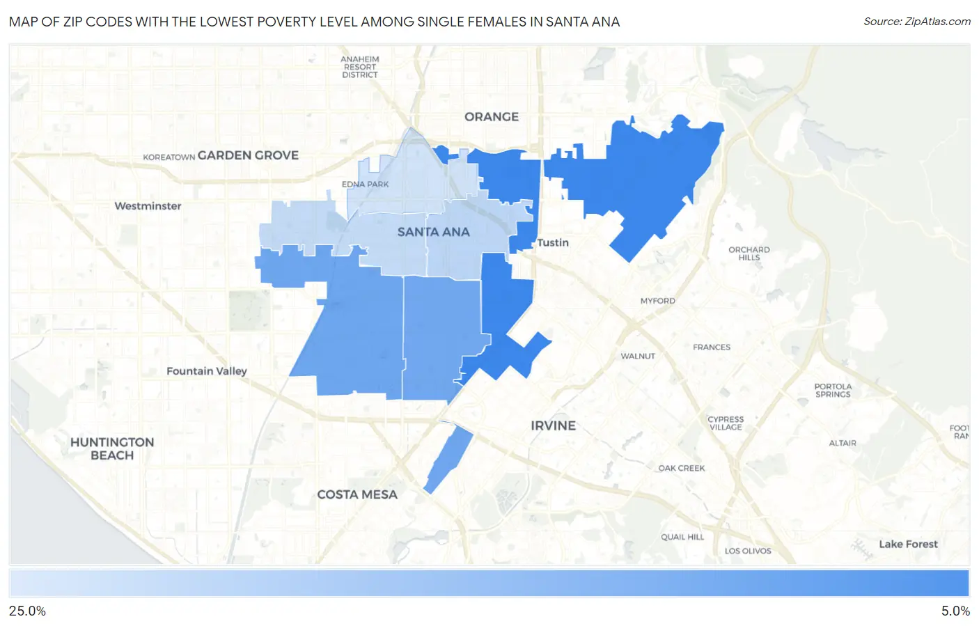 Zip Codes with the Lowest Poverty Level Among Single Females in Santa Ana Map