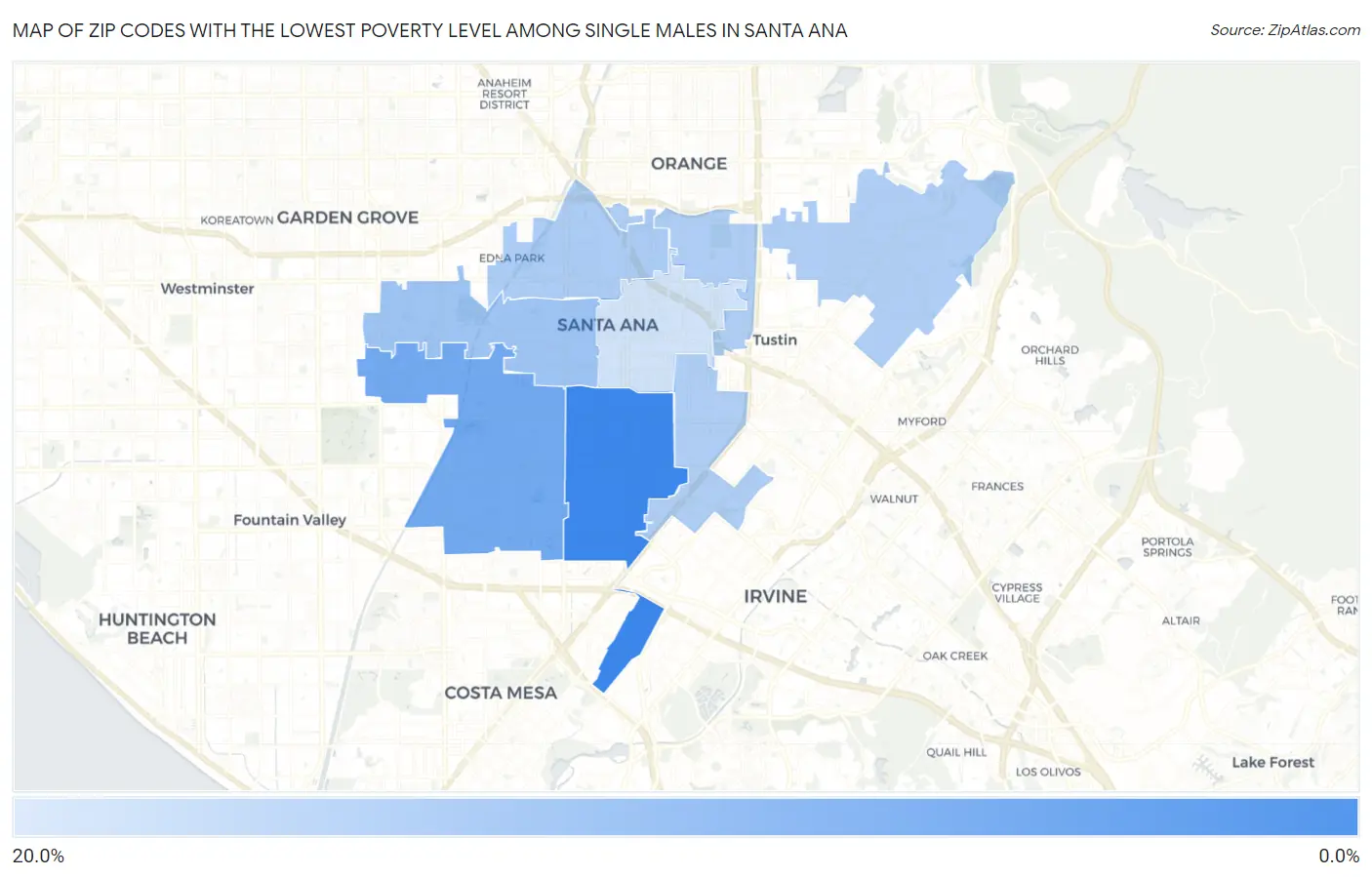 Zip Codes with the Lowest Poverty Level Among Single Males in Santa Ana Map