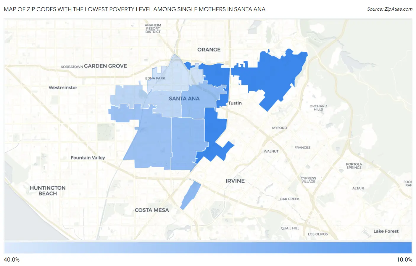 Zip Codes with the Lowest Poverty Level Among Single Mothers in Santa Ana Map