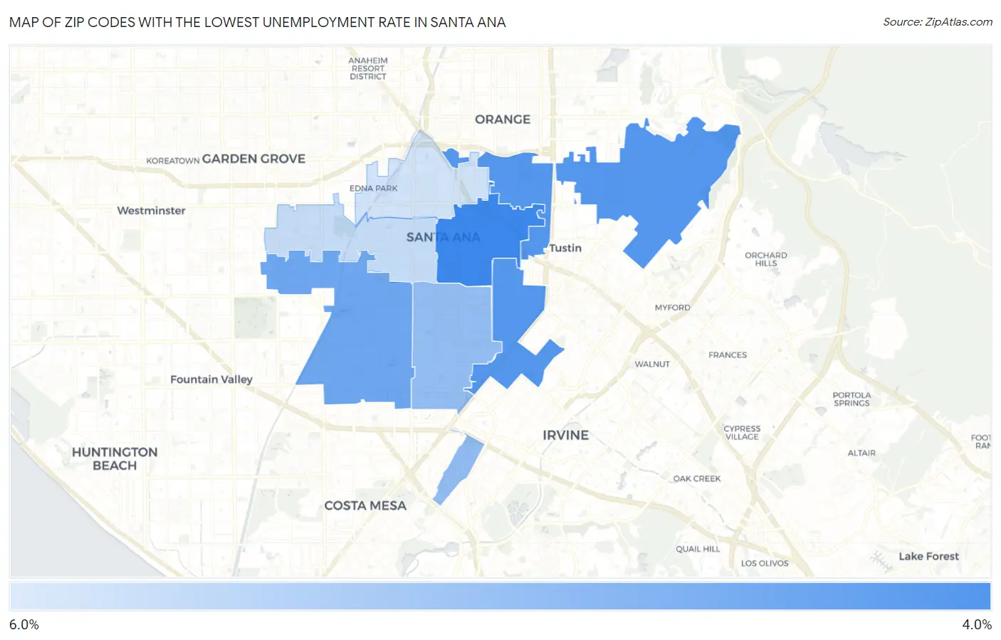 Zip Codes with the Lowest Unemployment Rate in Santa Ana Map