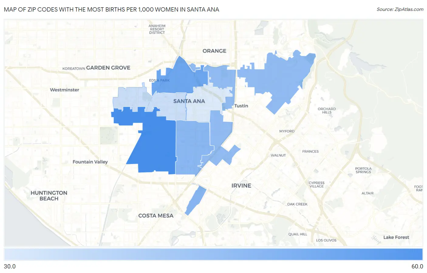 Zip Codes with the Most Births per 1,000 Women in Santa Ana Map