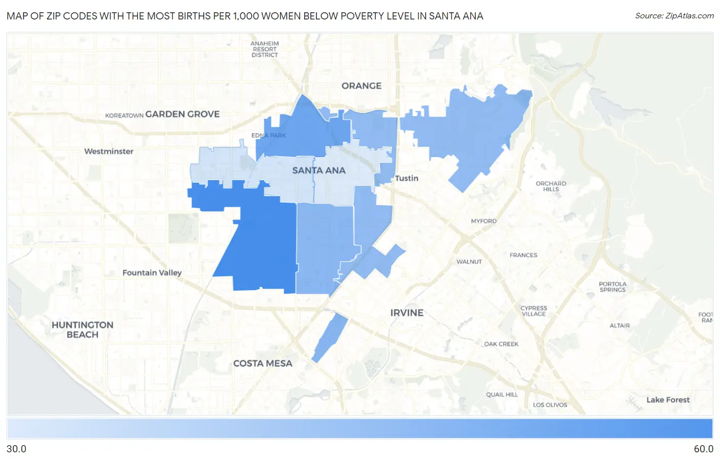 Zip Codes with the Most Births per 1,000 Women Below Poverty Level in Santa Ana Map