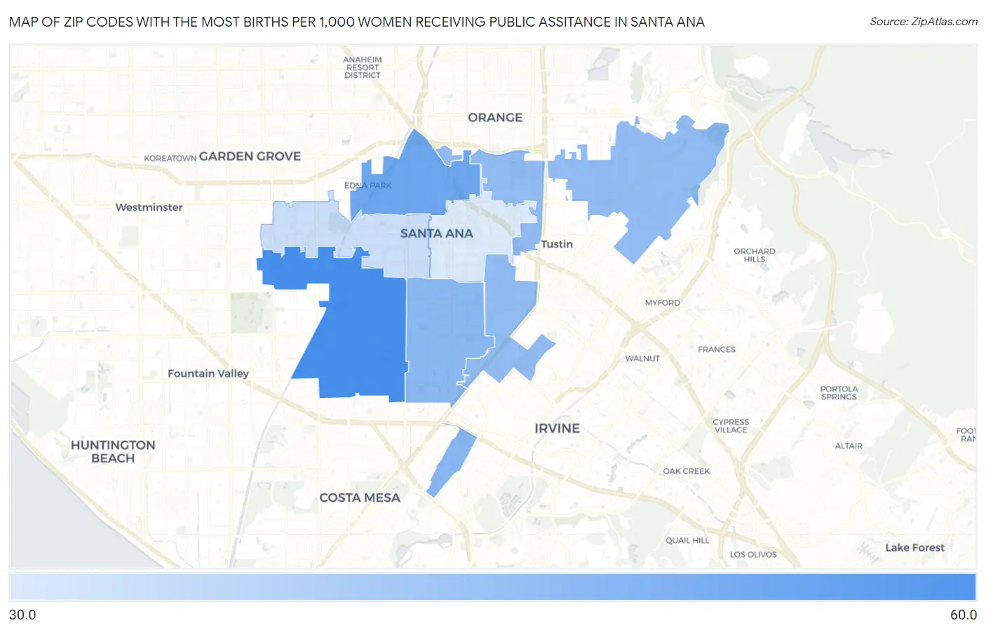 Zip Codes with the Most Births per 1,000 Women Receiving Public Assitance in Santa Ana Map