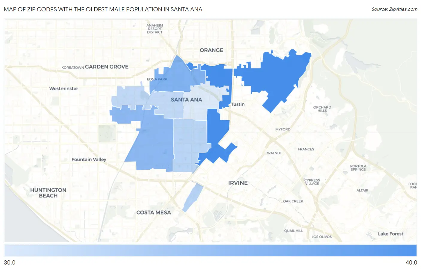 Zip Codes with the Oldest Male Population in Santa Ana Map