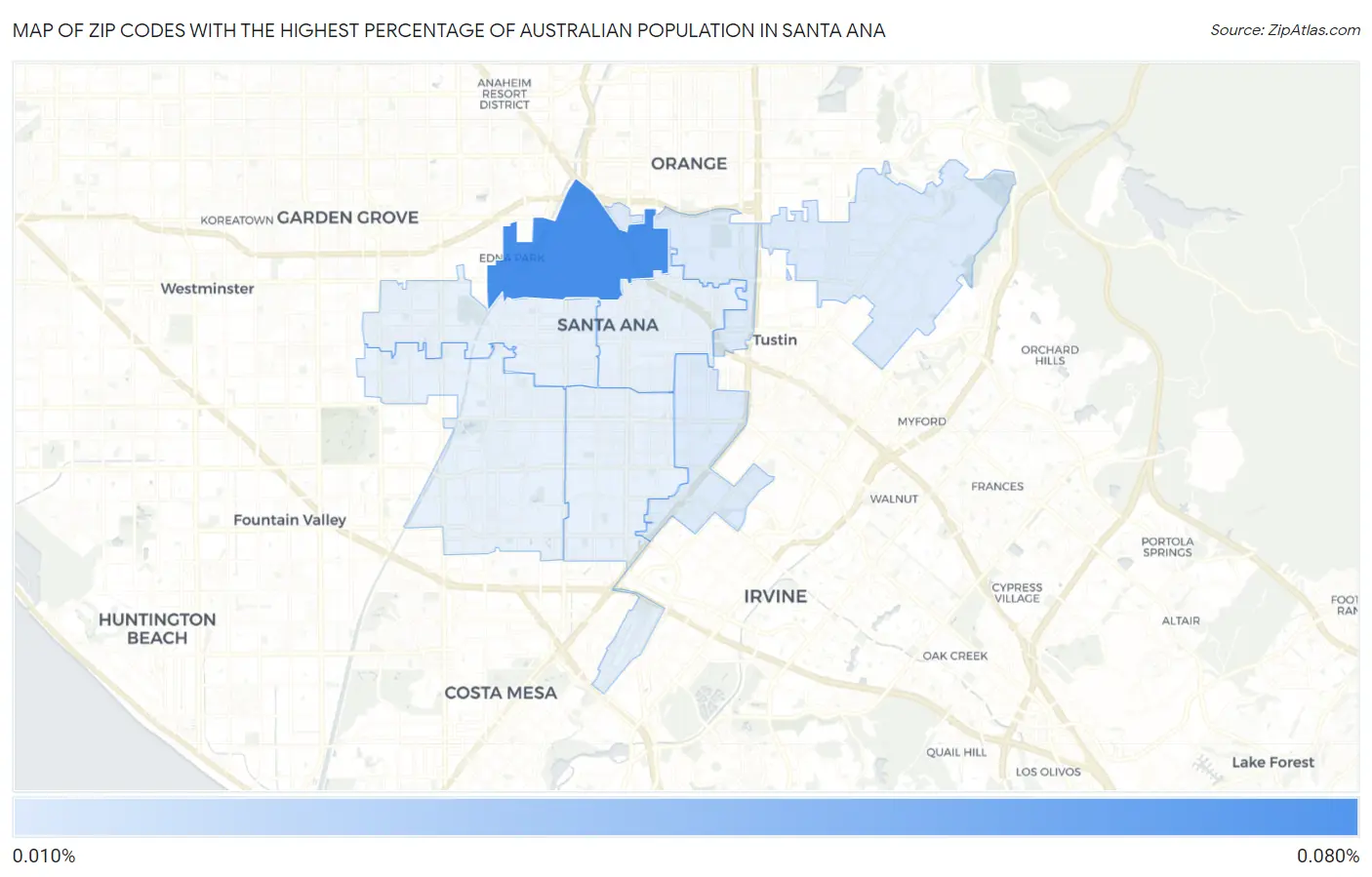 Zip Codes with the Highest Percentage of Australian Population in Santa Ana Map