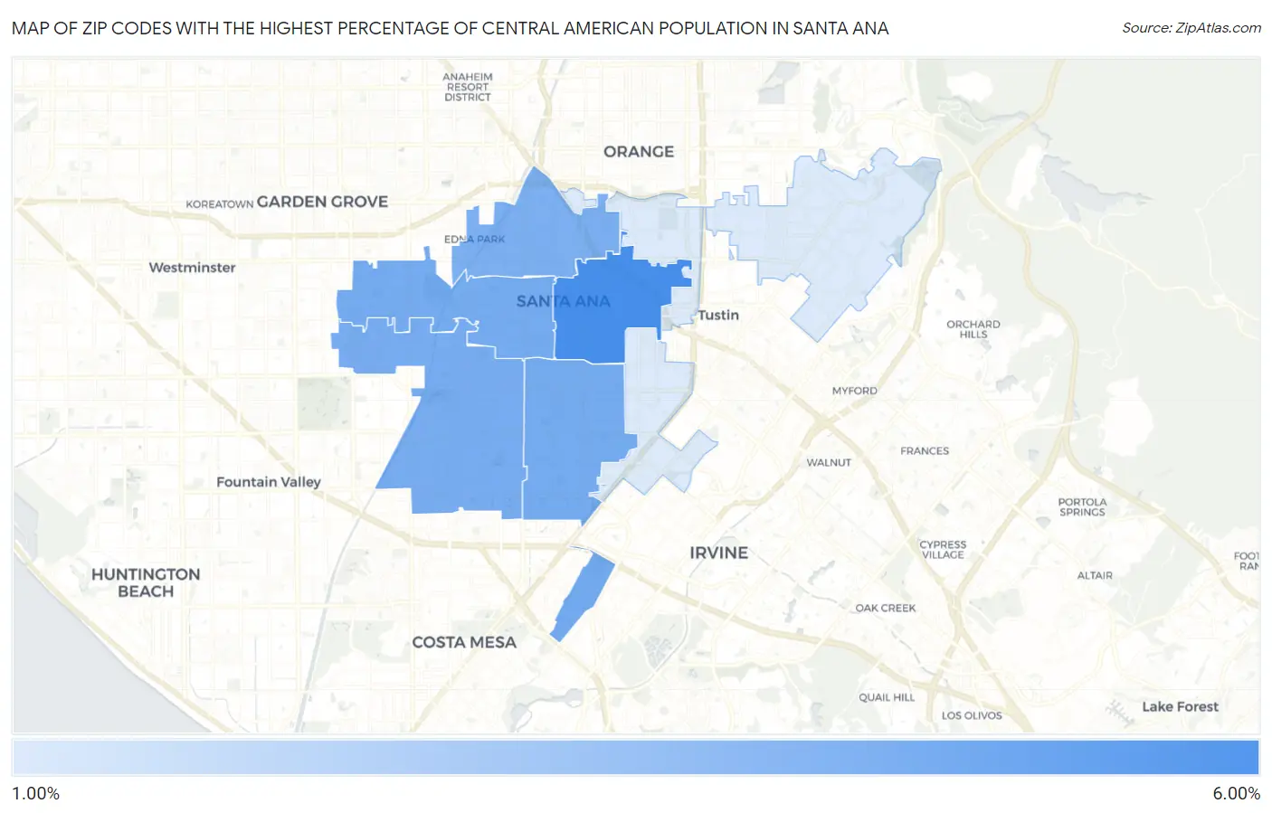 Zip Codes with the Highest Percentage of Central American Population in Santa Ana Map