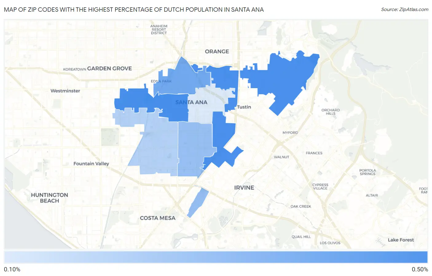 Zip Codes with the Highest Percentage of Dutch Population in Santa Ana Map