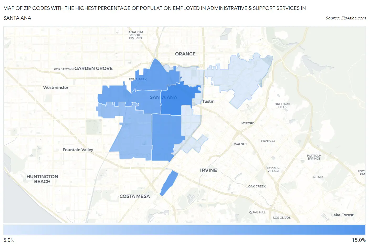 Zip Codes with the Highest Percentage of Population Employed in Administrative & Support Services in Santa Ana Map