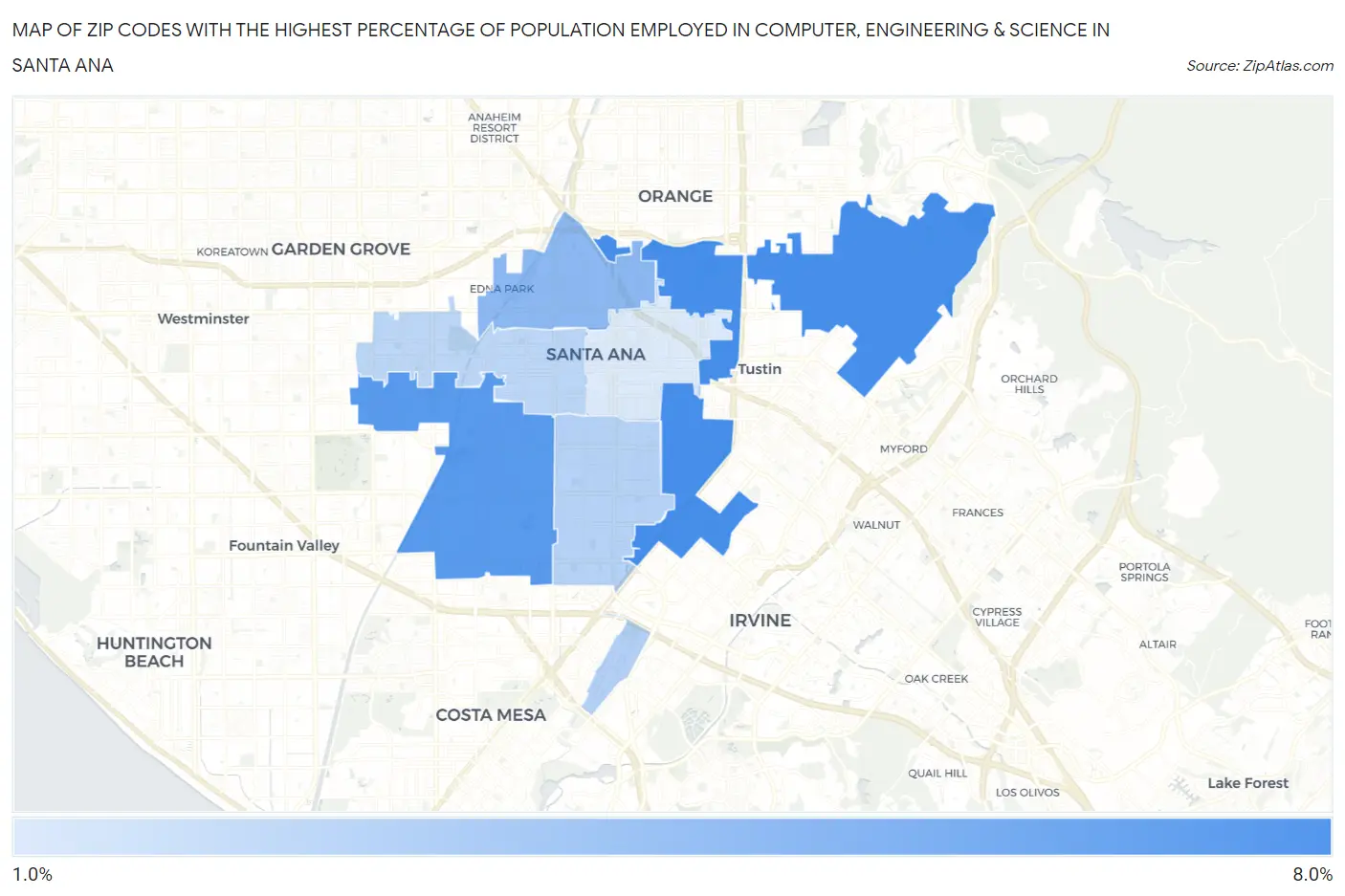 Zip Codes with the Highest Percentage of Population Employed in Computer, Engineering & Science in Santa Ana Map