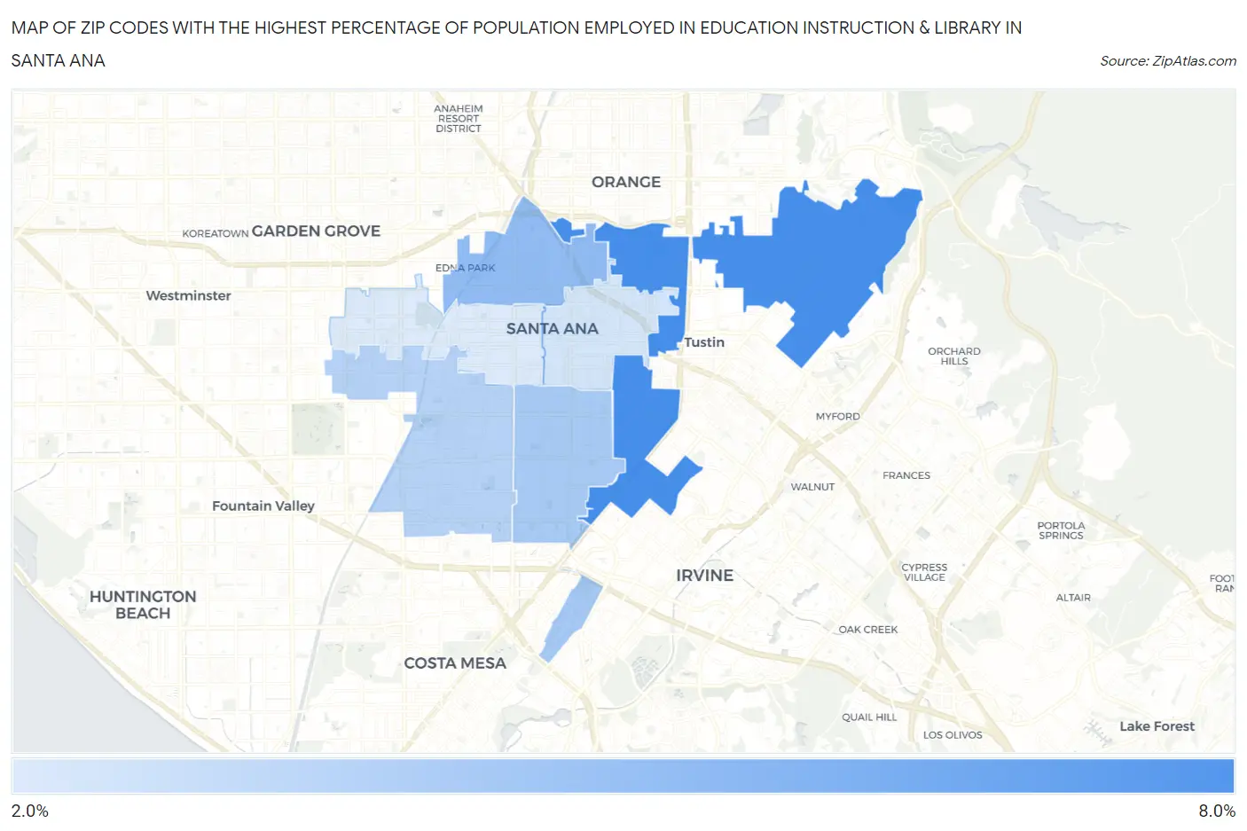 Zip Codes with the Highest Percentage of Population Employed in Education Instruction & Library in Santa Ana Map