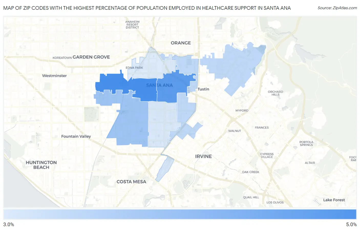 Zip Codes with the Highest Percentage of Population Employed in Healthcare Support in Santa Ana Map