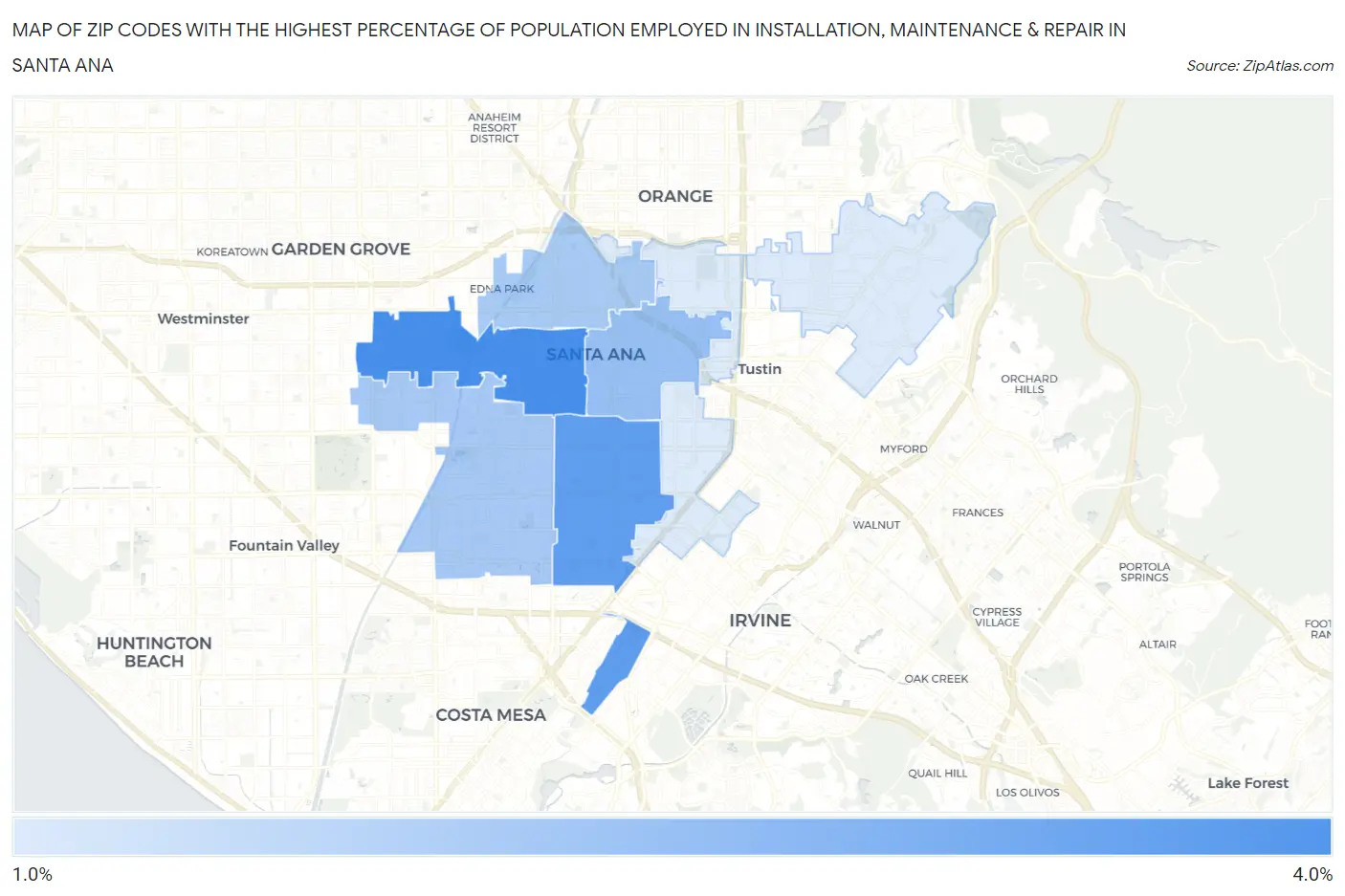 Zip Codes with the Highest Percentage of Population Employed in Installation, Maintenance & Repair in Santa Ana Map