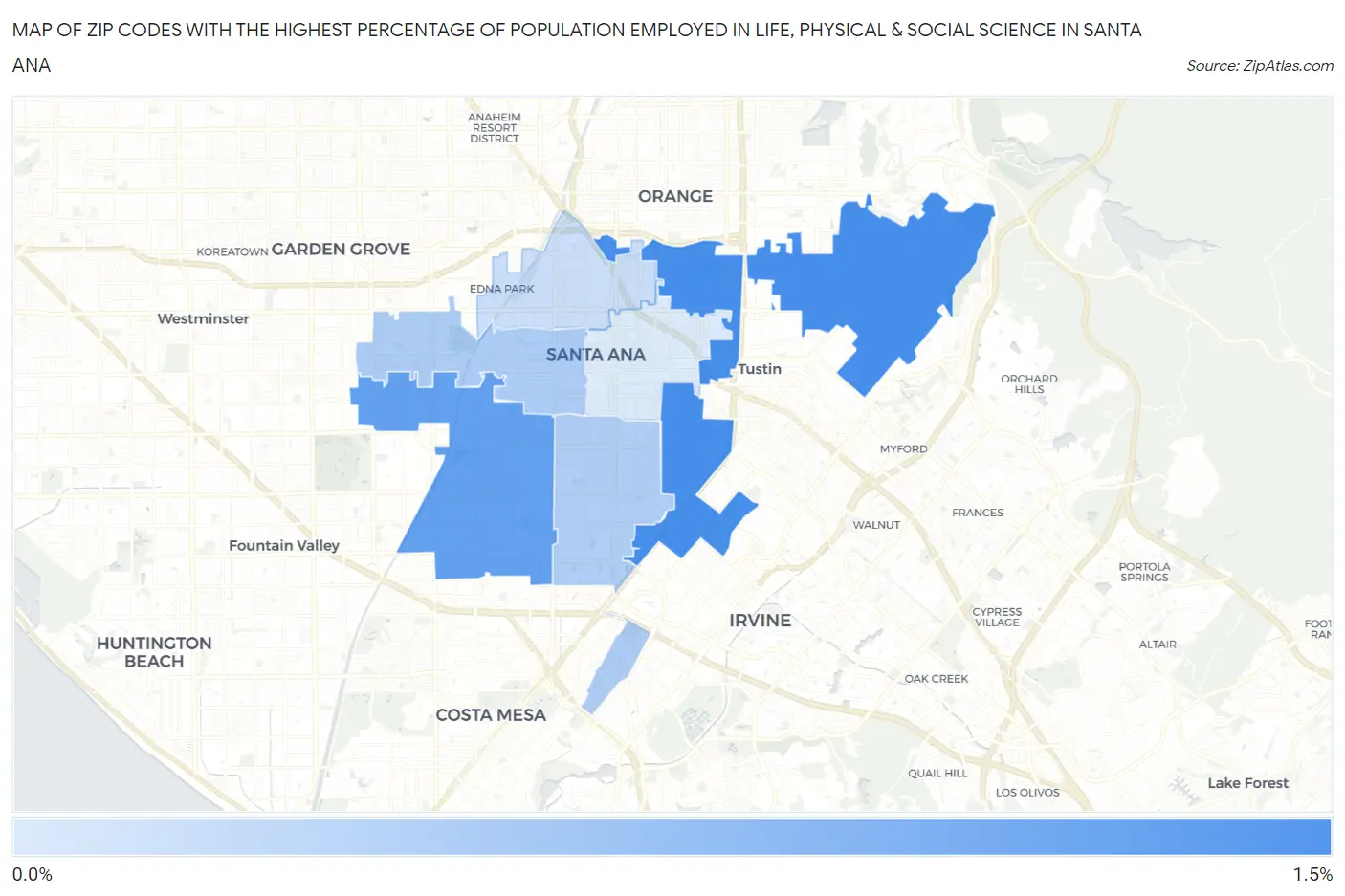 Zip Codes with the Highest Percentage of Population Employed in Life, Physical & Social Science in Santa Ana Map