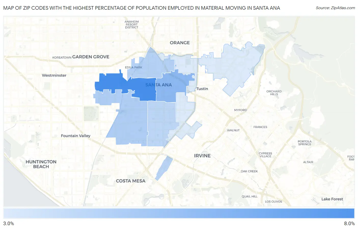 Zip Codes with the Highest Percentage of Population Employed in Material Moving in Santa Ana Map