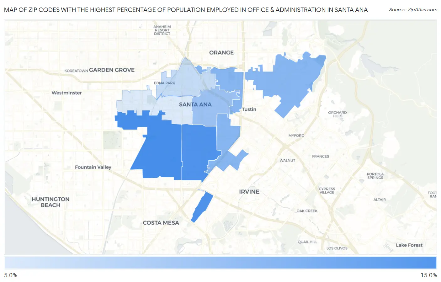 Zip Codes with the Highest Percentage of Population Employed in Office & Administration in Santa Ana Map