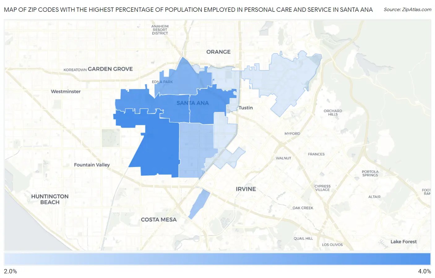 Zip Codes with the Highest Percentage of Population Employed in Personal Care and Service in Santa Ana Map