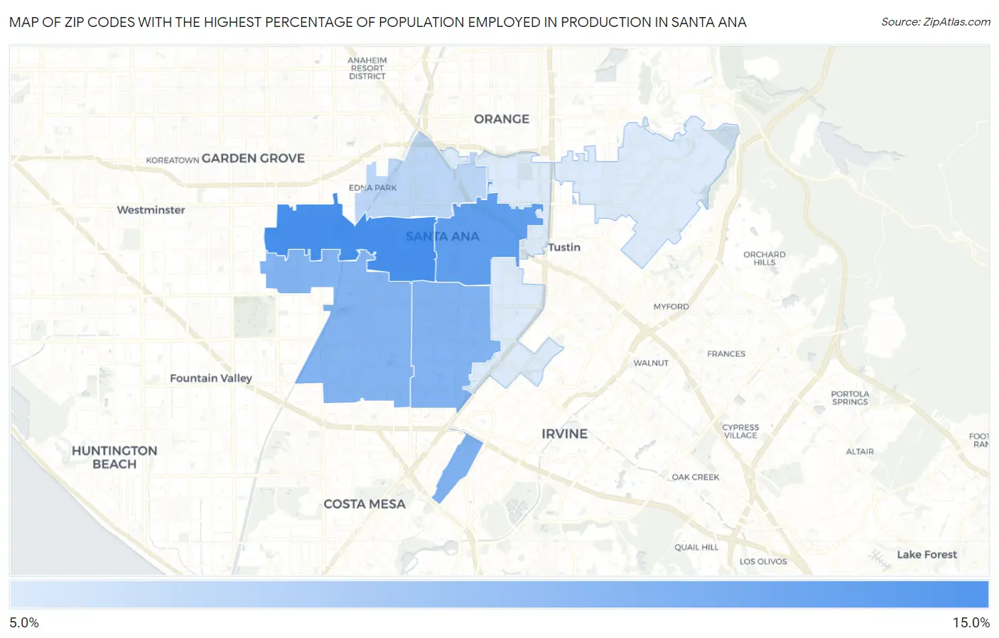 Zip Codes with the Highest Percentage of Population Employed in Production in Santa Ana Map