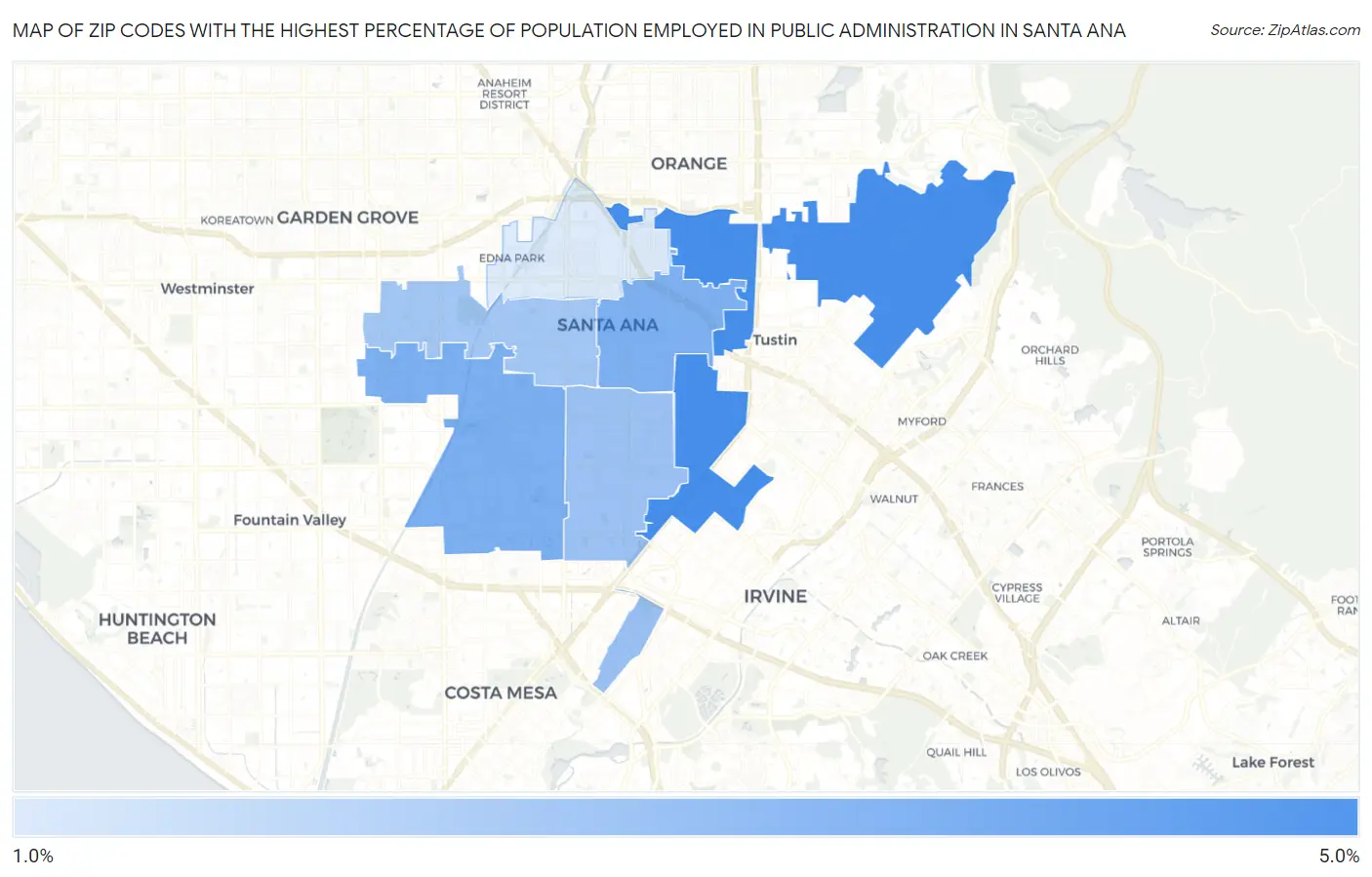 Zip Codes with the Highest Percentage of Population Employed in Public Administration in Santa Ana Map