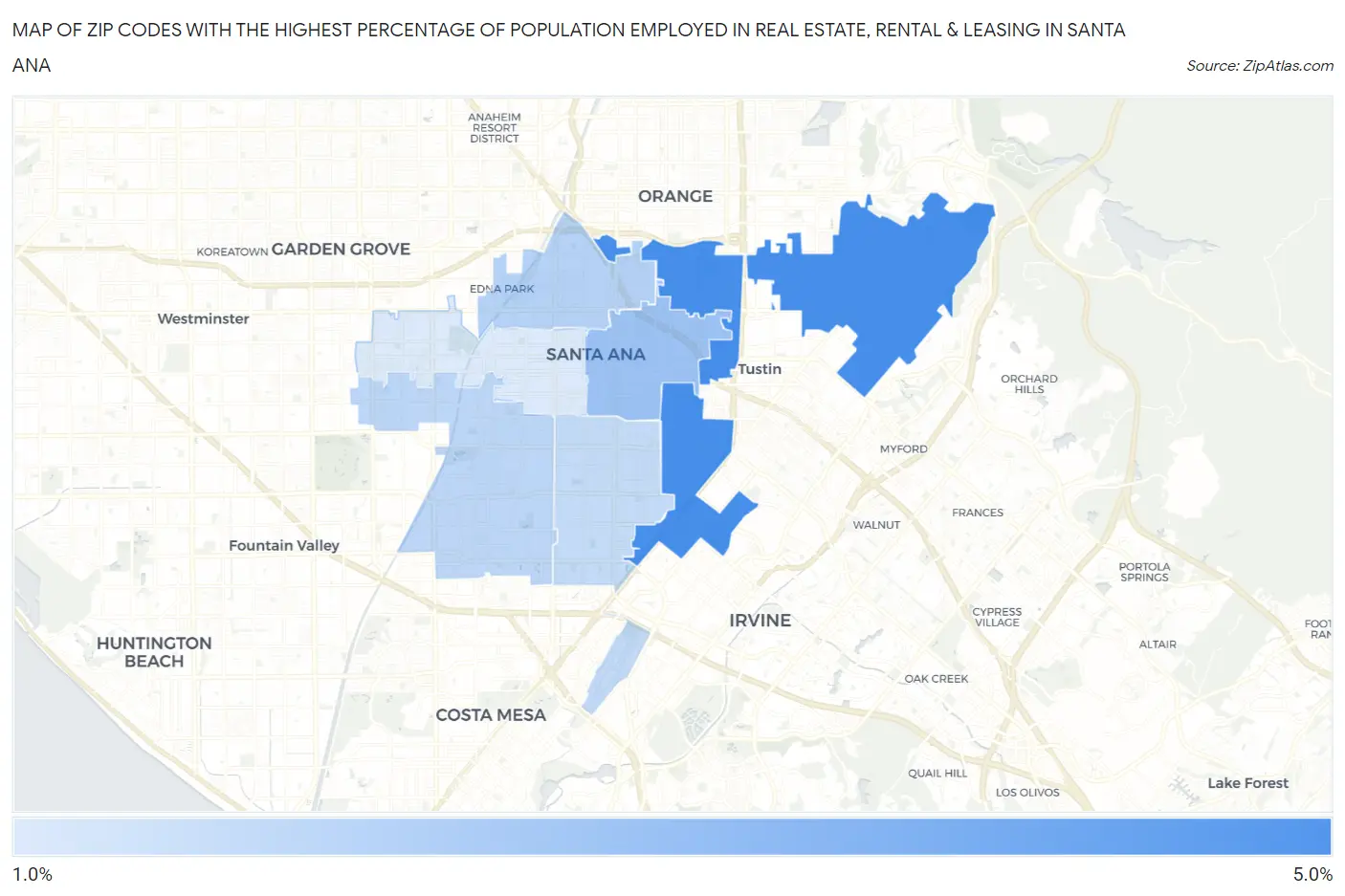 Zip Codes with the Highest Percentage of Population Employed in Real Estate, Rental & Leasing in Santa Ana Map