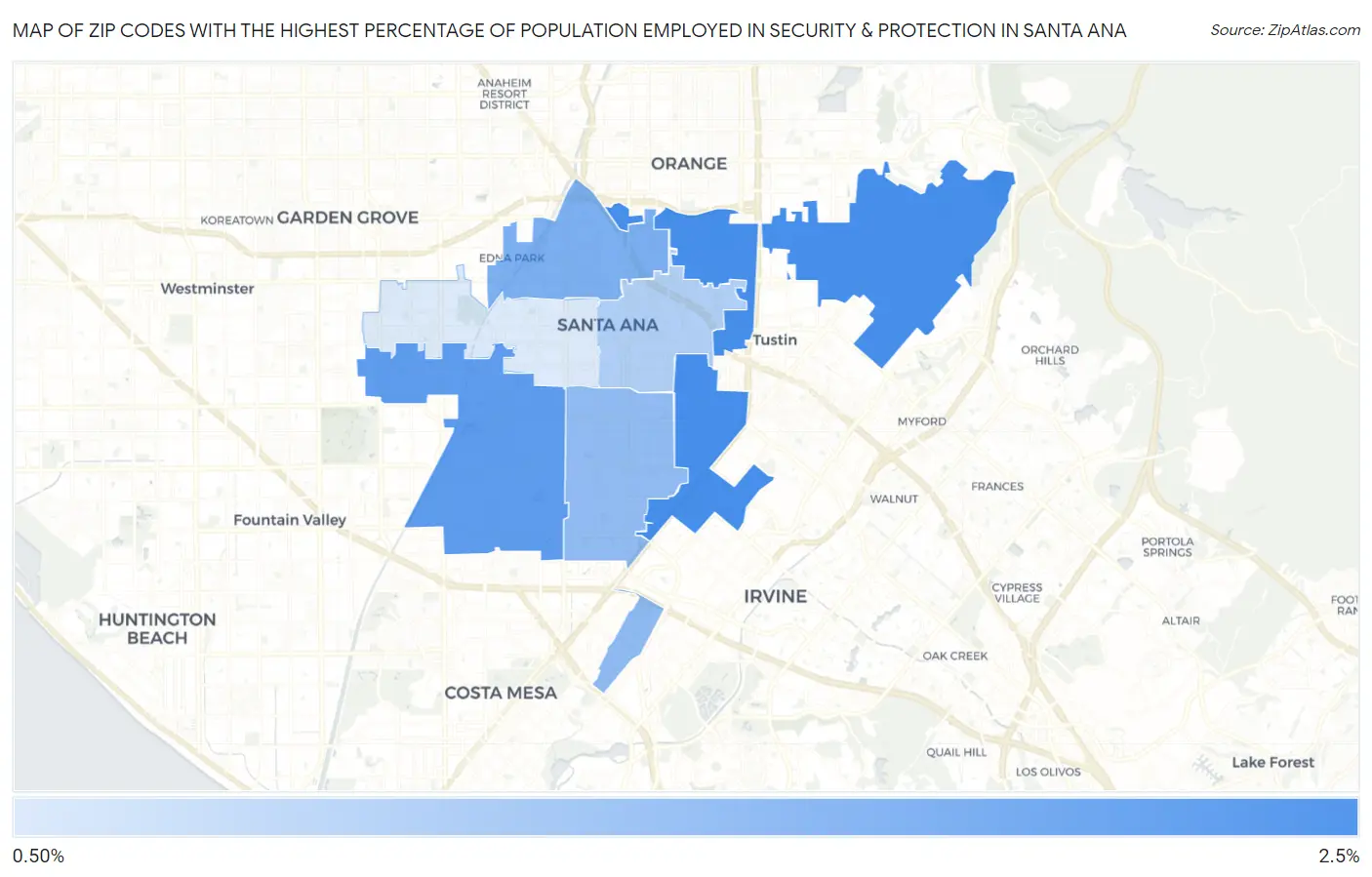 Zip Codes with the Highest Percentage of Population Employed in Security & Protection in Santa Ana Map