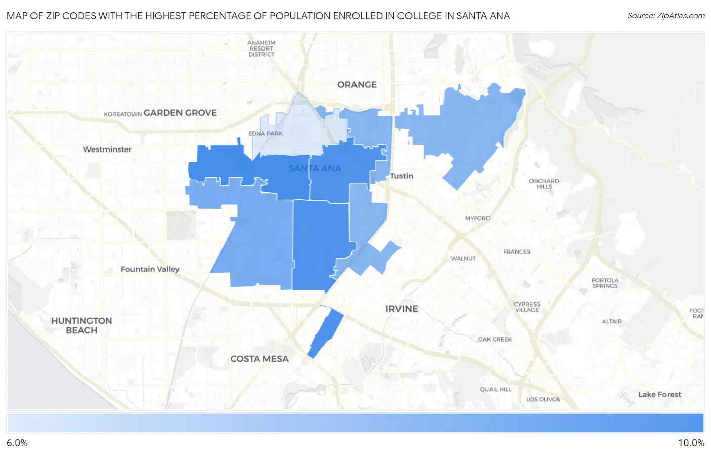 Zip Codes with the Highest Percentage of Population Enrolled in College in Santa Ana Map