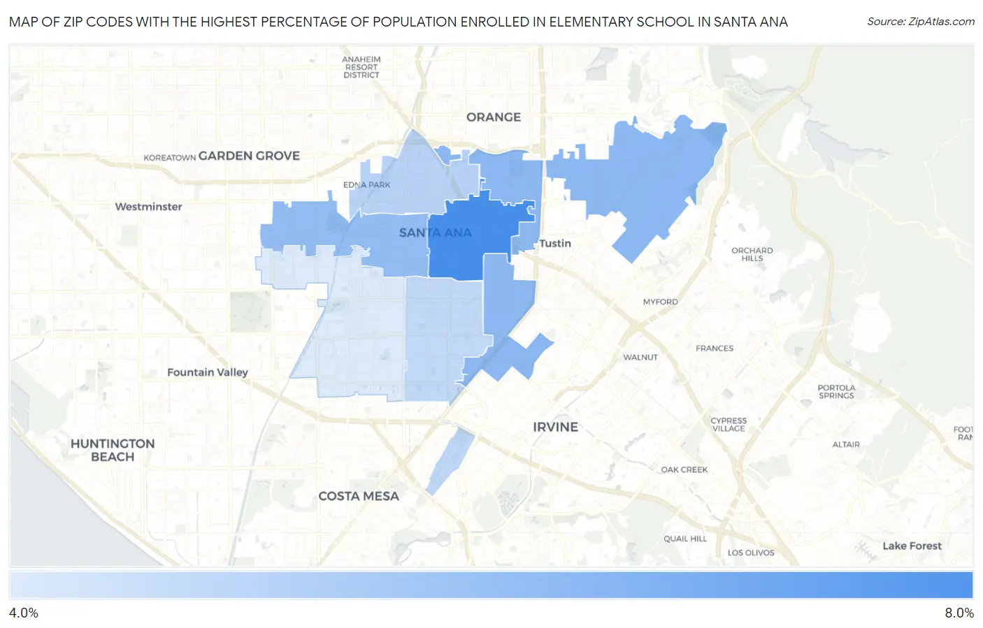 Zip Codes with the Highest Percentage of Population Enrolled in Elementary School in Santa Ana Map