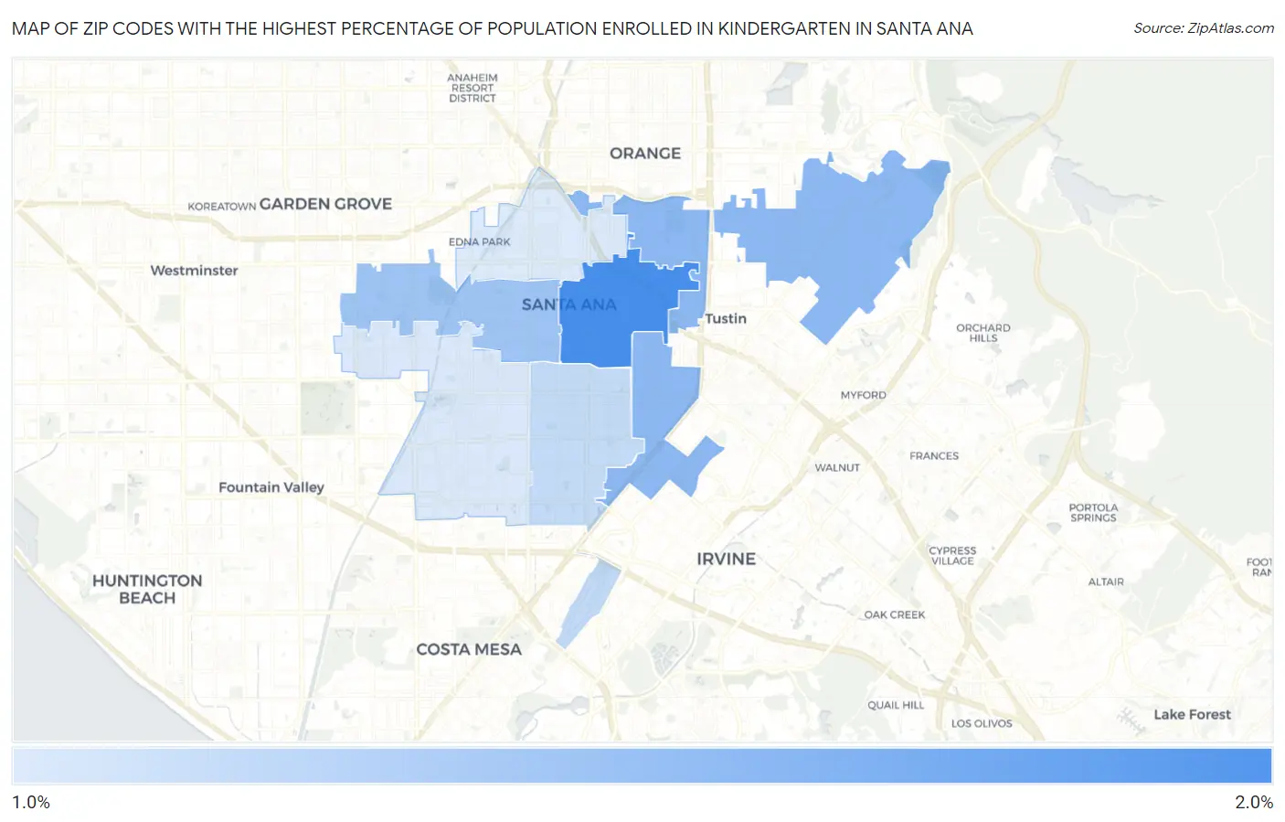 Zip Codes with the Highest Percentage of Population Enrolled in Kindergarten in Santa Ana Map