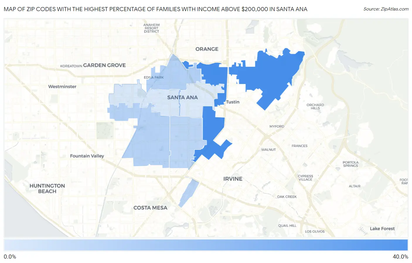 Zip Codes with the Highest Percentage of Families with Income Above $200,000 in Santa Ana Map