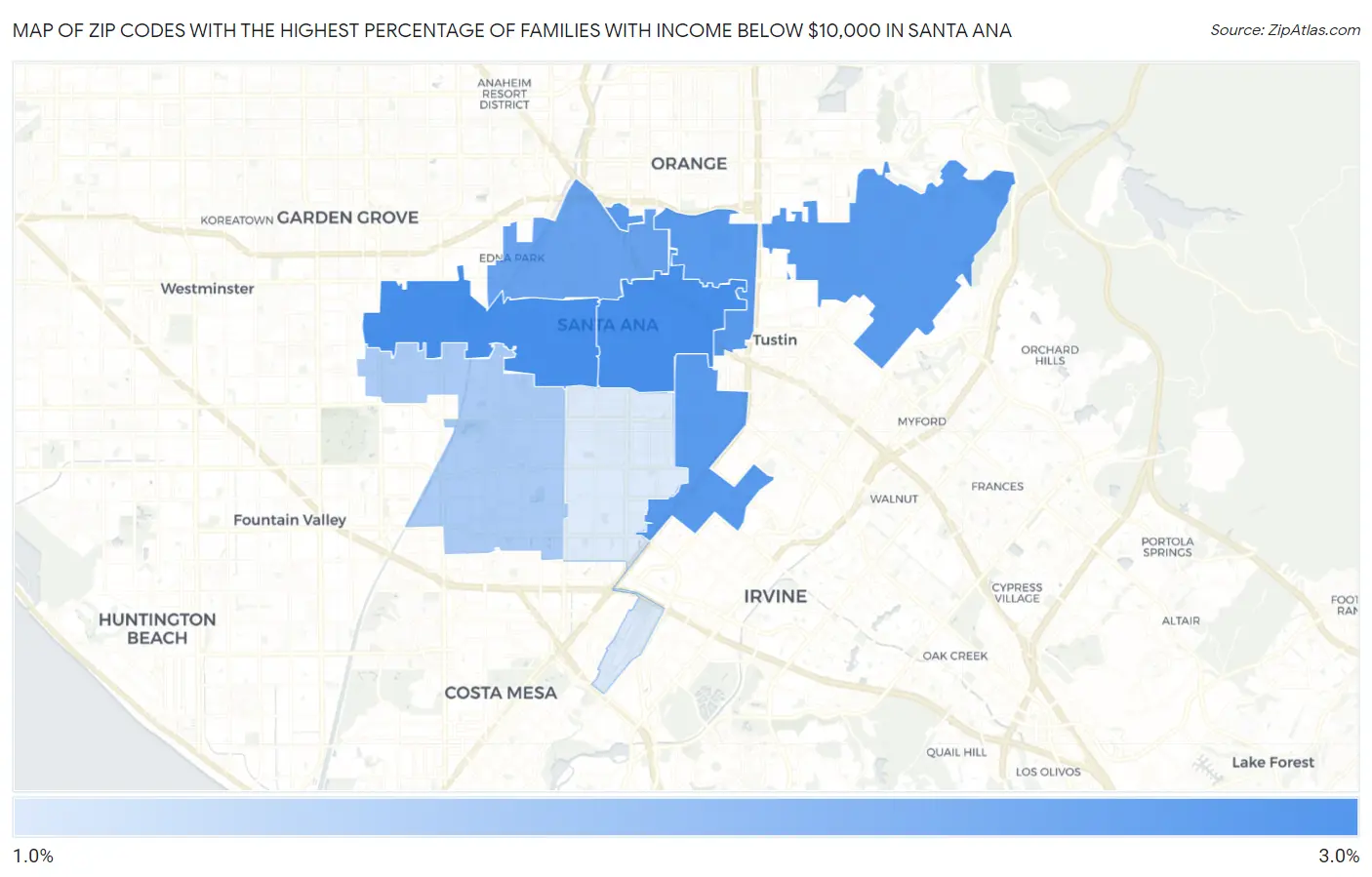 Zip Codes with the Highest Percentage of Families with Income Below $10,000 in Santa Ana Map