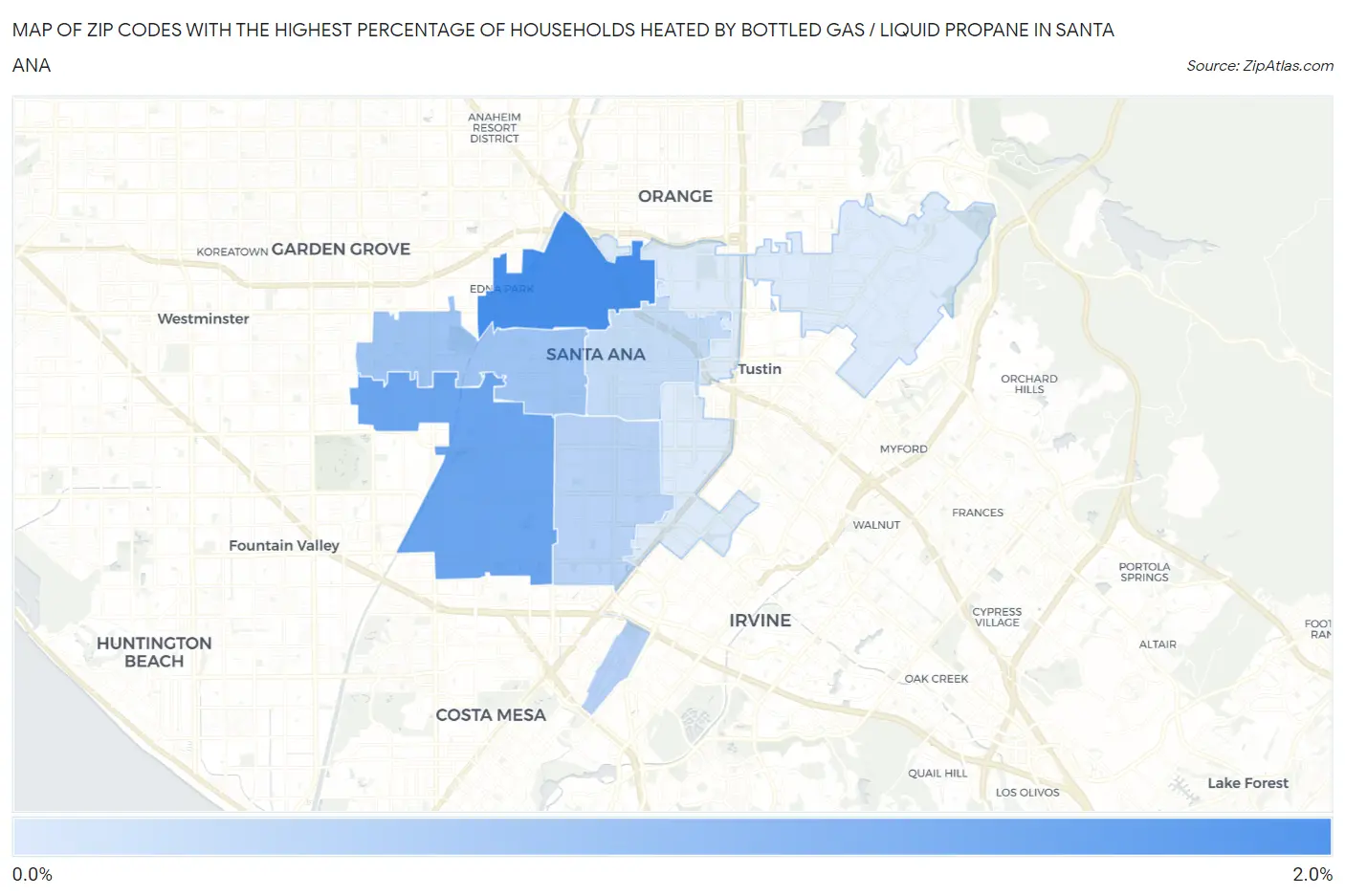 Zip Codes with the Highest Percentage of Households Heated by Bottled Gas / Liquid Propane in Santa Ana Map