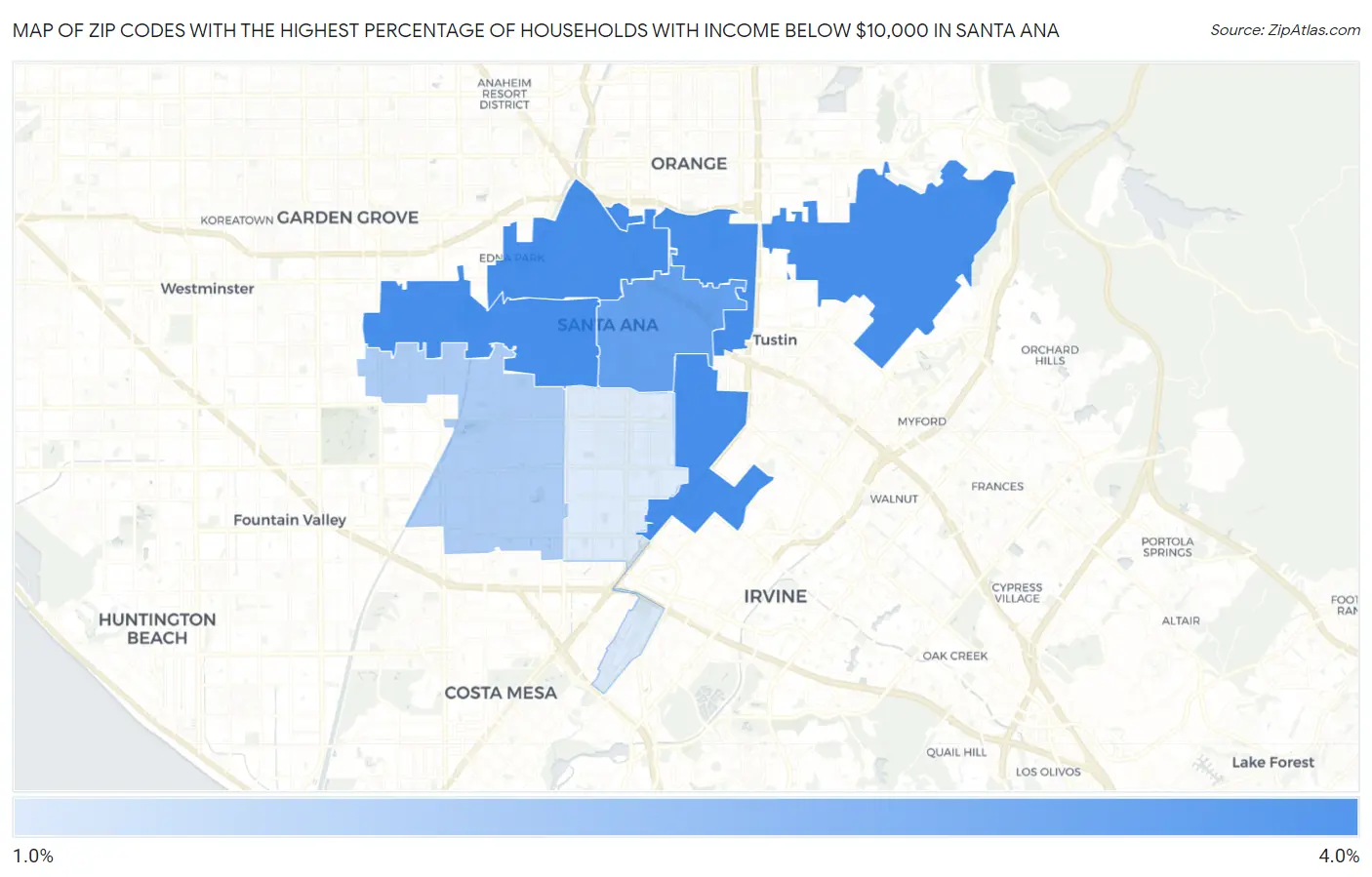 Zip Codes with the Highest Percentage of Households with Income Below $10,000 in Santa Ana Map