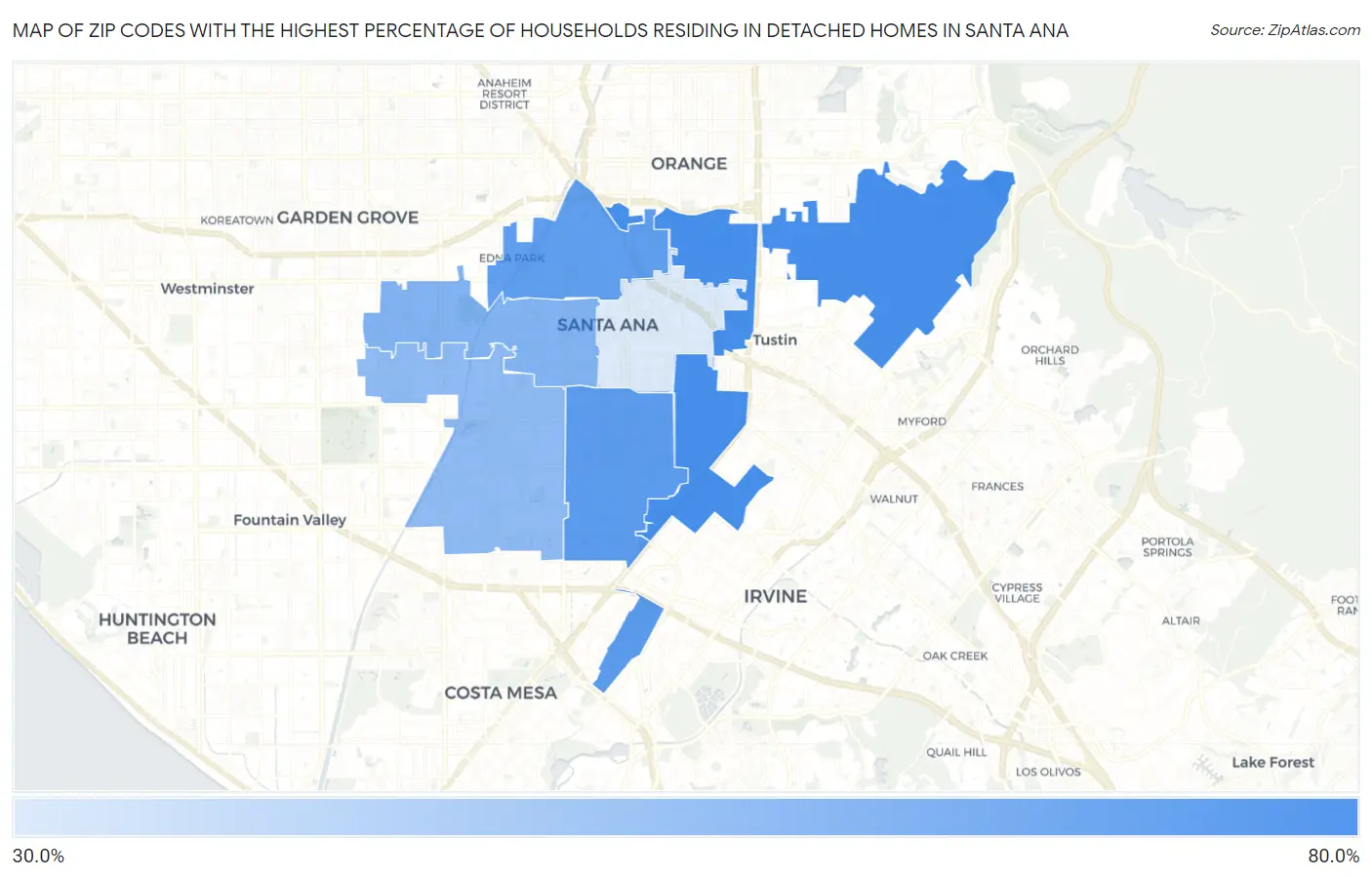 Zip Codes with the Highest Percentage of Households Residing in Detached Homes in Santa Ana Map