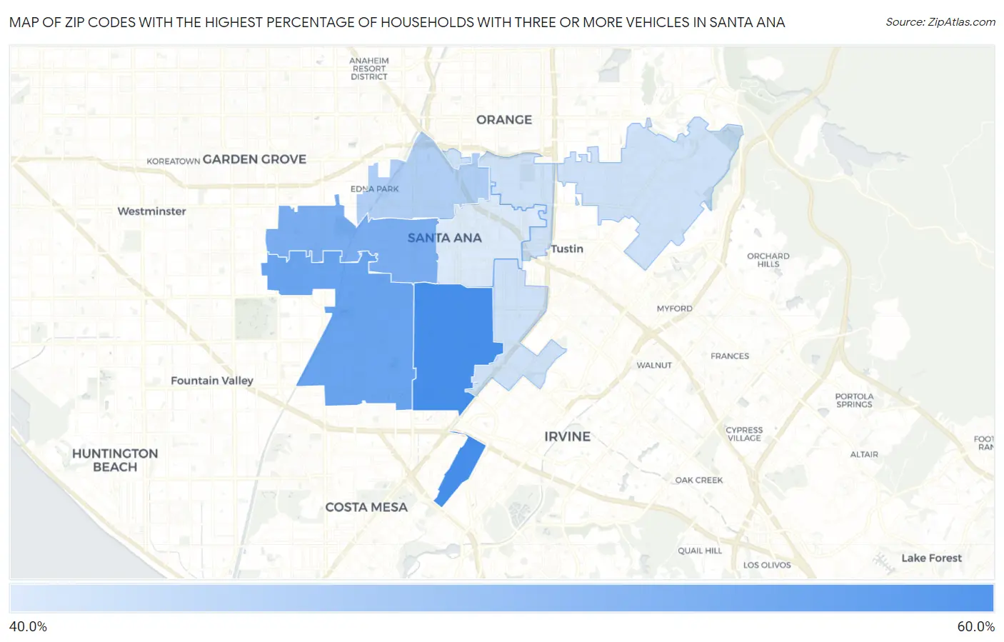 Zip Codes with the Highest Percentage of Households With Three or more Vehicles in Santa Ana Map