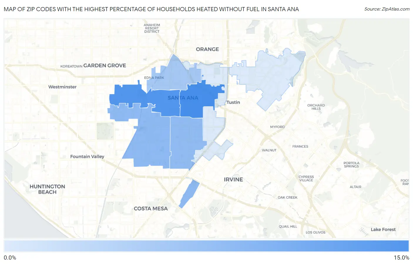 Zip Codes with the Highest Percentage of Households Heated without Fuel in Santa Ana Map