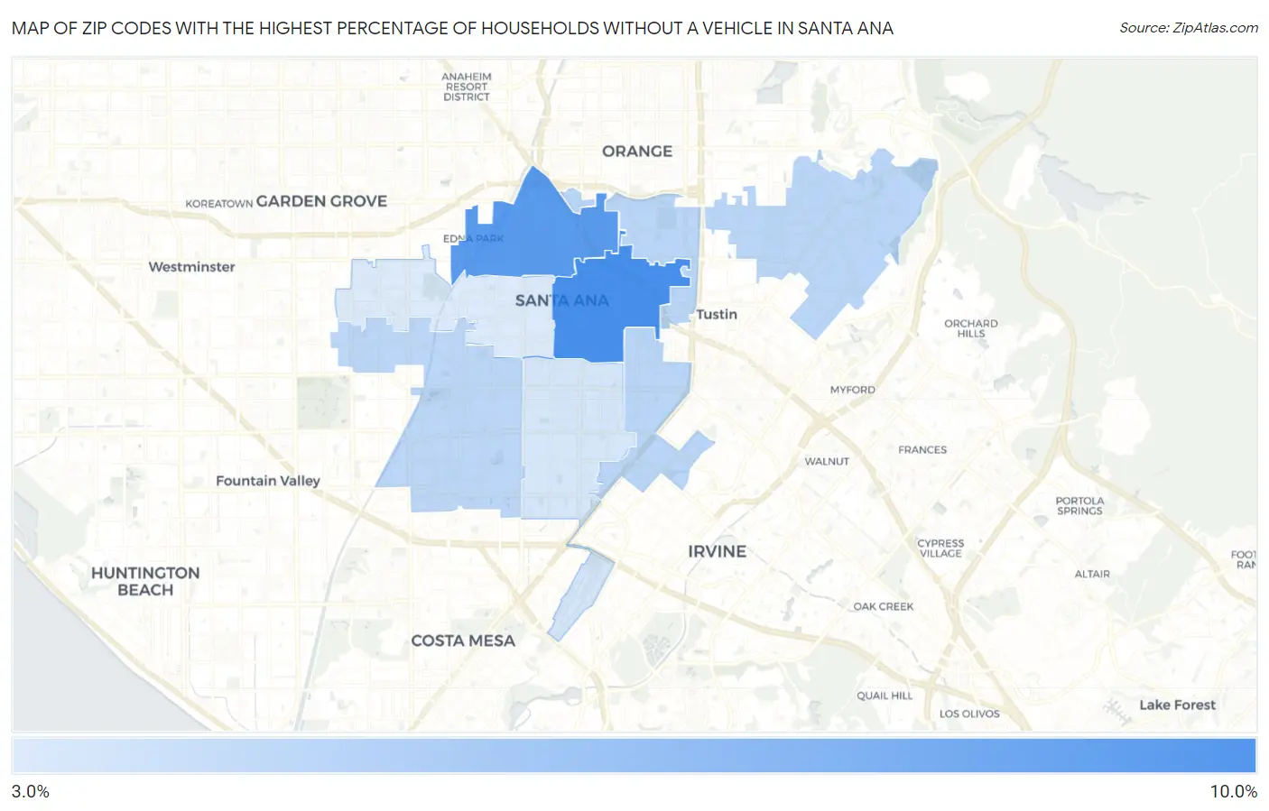 Zip Codes with the Highest Percentage of Households Without a Vehicle in Santa Ana Map