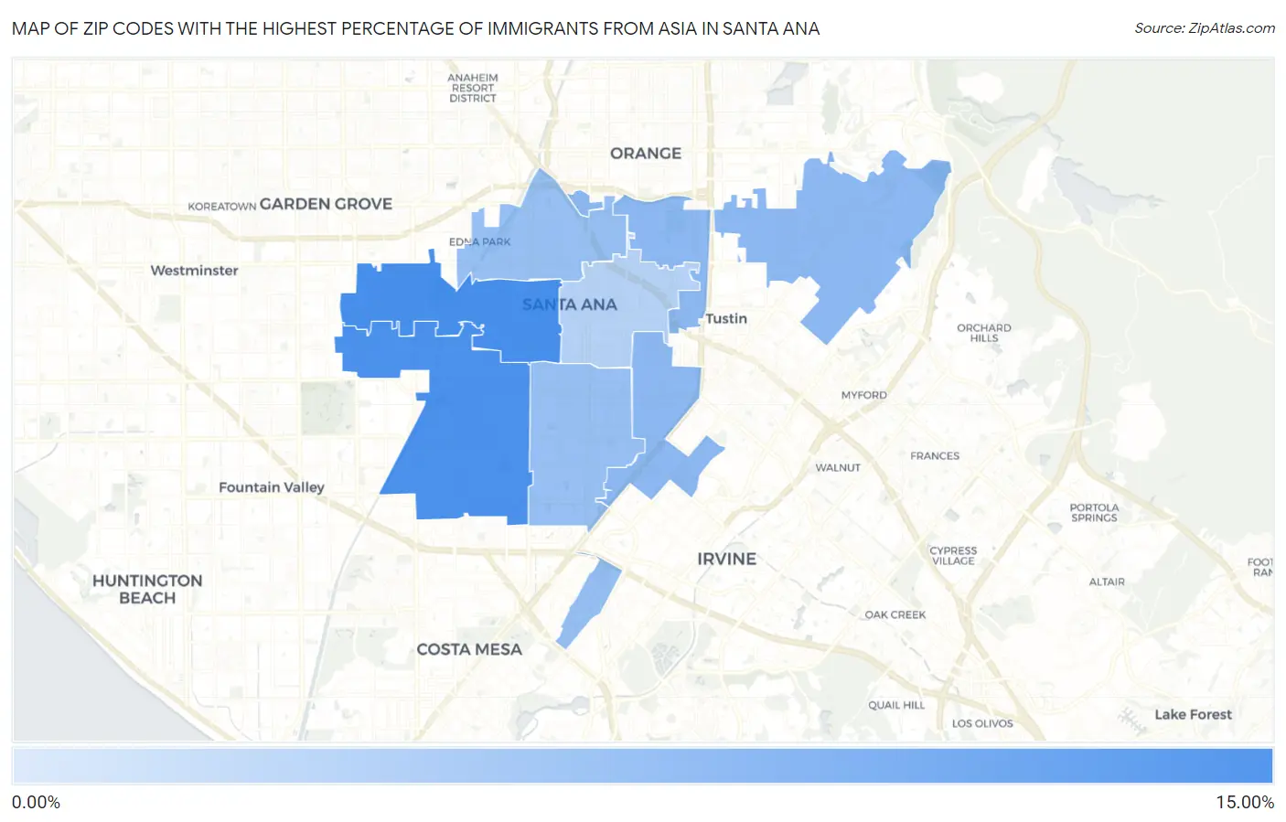 Zip Codes with the Highest Percentage of Immigrants from Asia in Santa Ana Map