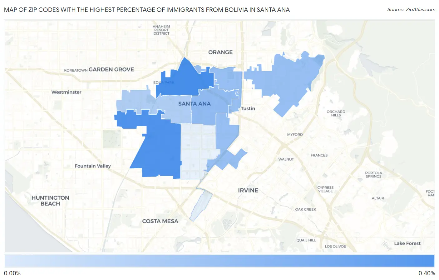 Zip Codes with the Highest Percentage of Immigrants from Bolivia in Santa Ana Map