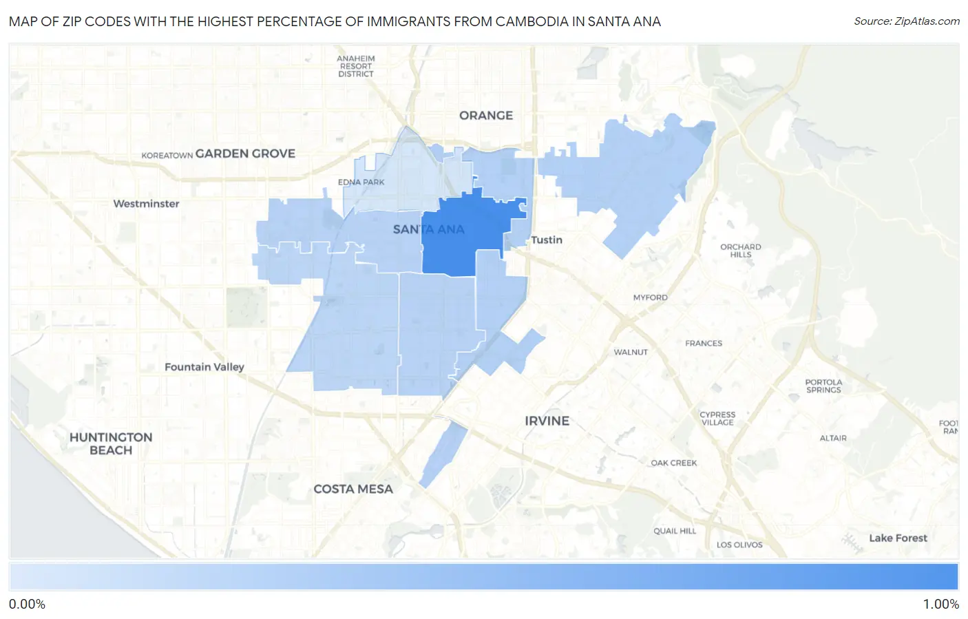 Zip Codes with the Highest Percentage of Immigrants from Cambodia in Santa Ana Map