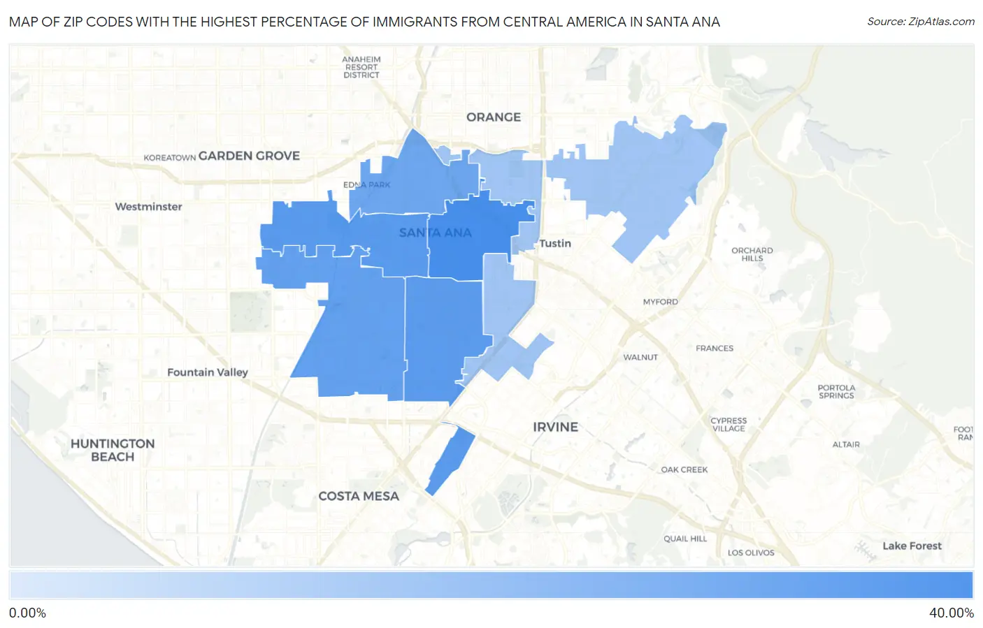 Zip Codes with the Highest Percentage of Immigrants from Central America in Santa Ana Map