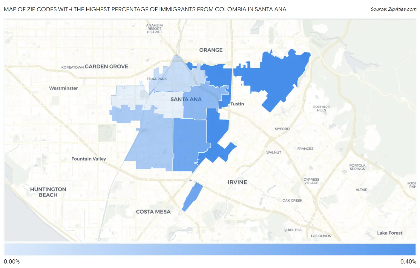 Zip Codes with the Highest Percentage of Immigrants from Colombia in Santa Ana Map