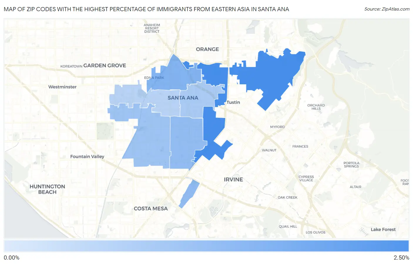 Zip Codes with the Highest Percentage of Immigrants from Eastern Asia in Santa Ana Map