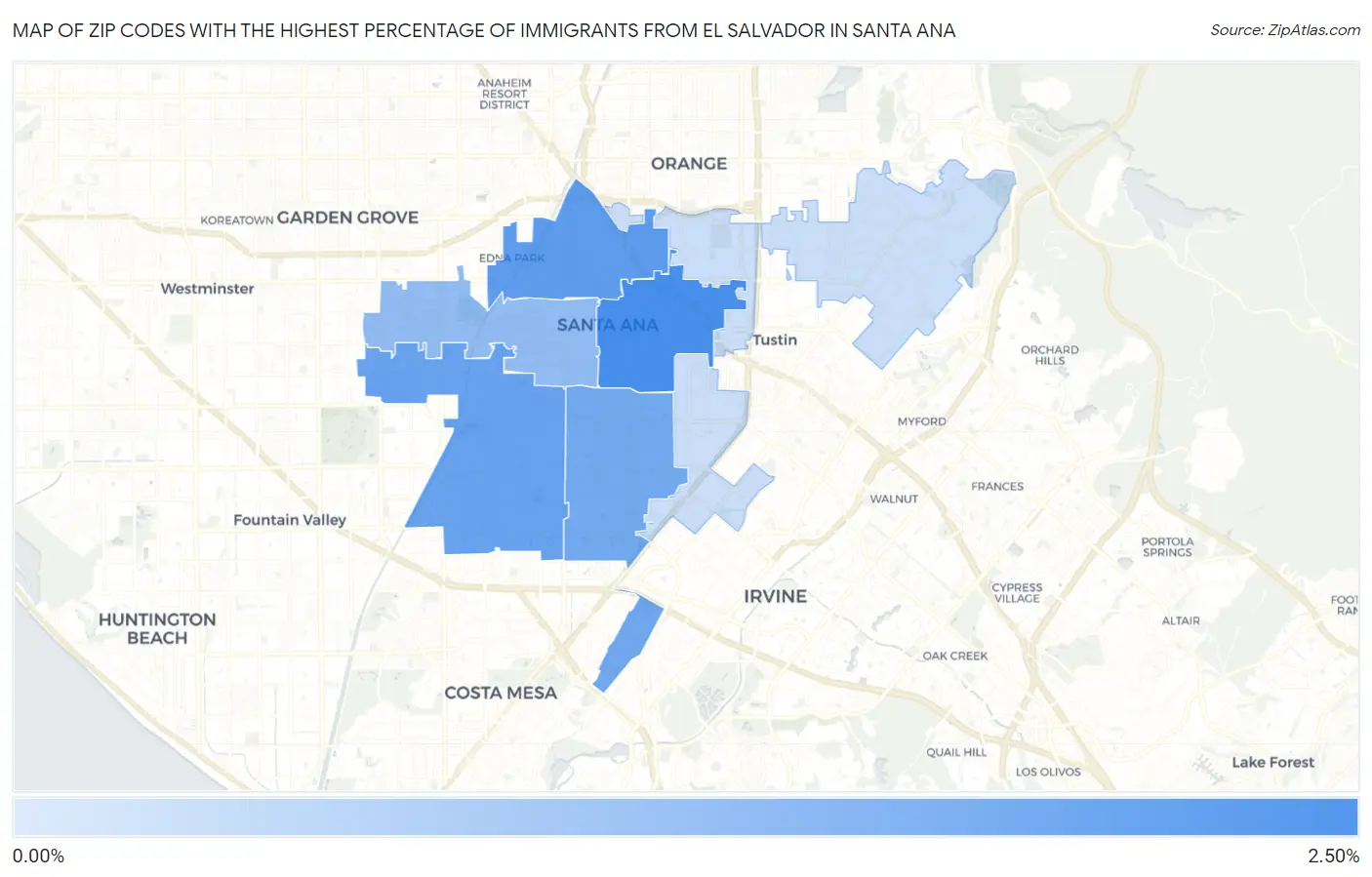 Zip Codes with the Highest Percentage of Immigrants from El Salvador in Santa Ana Map