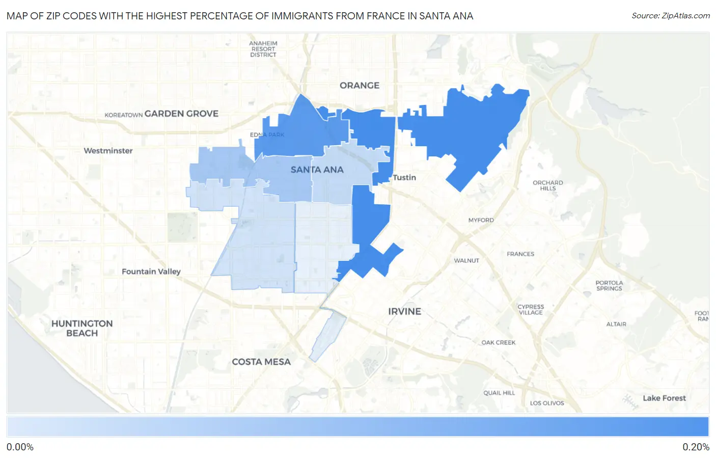Zip Codes with the Highest Percentage of Immigrants from France in Santa Ana Map