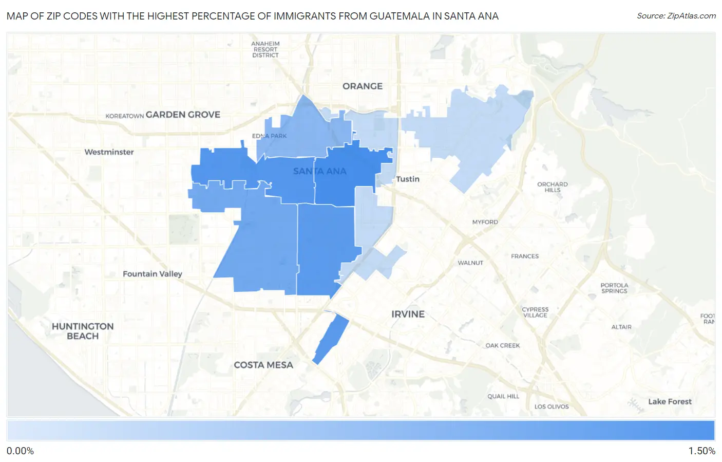 Zip Codes with the Highest Percentage of Immigrants from Guatemala in Santa Ana Map