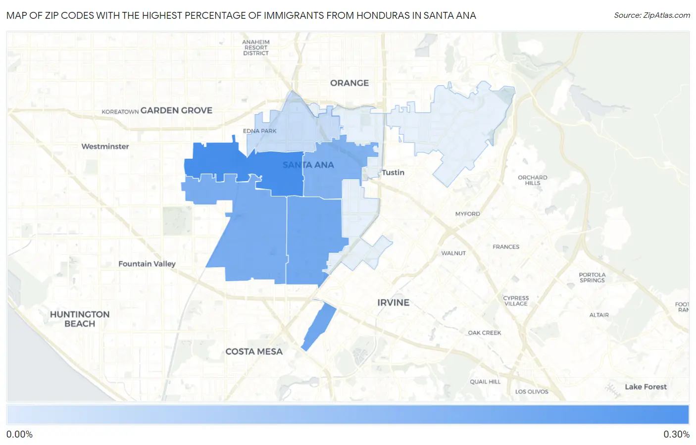 Zip Codes with the Highest Percentage of Immigrants from Honduras in Santa Ana Map