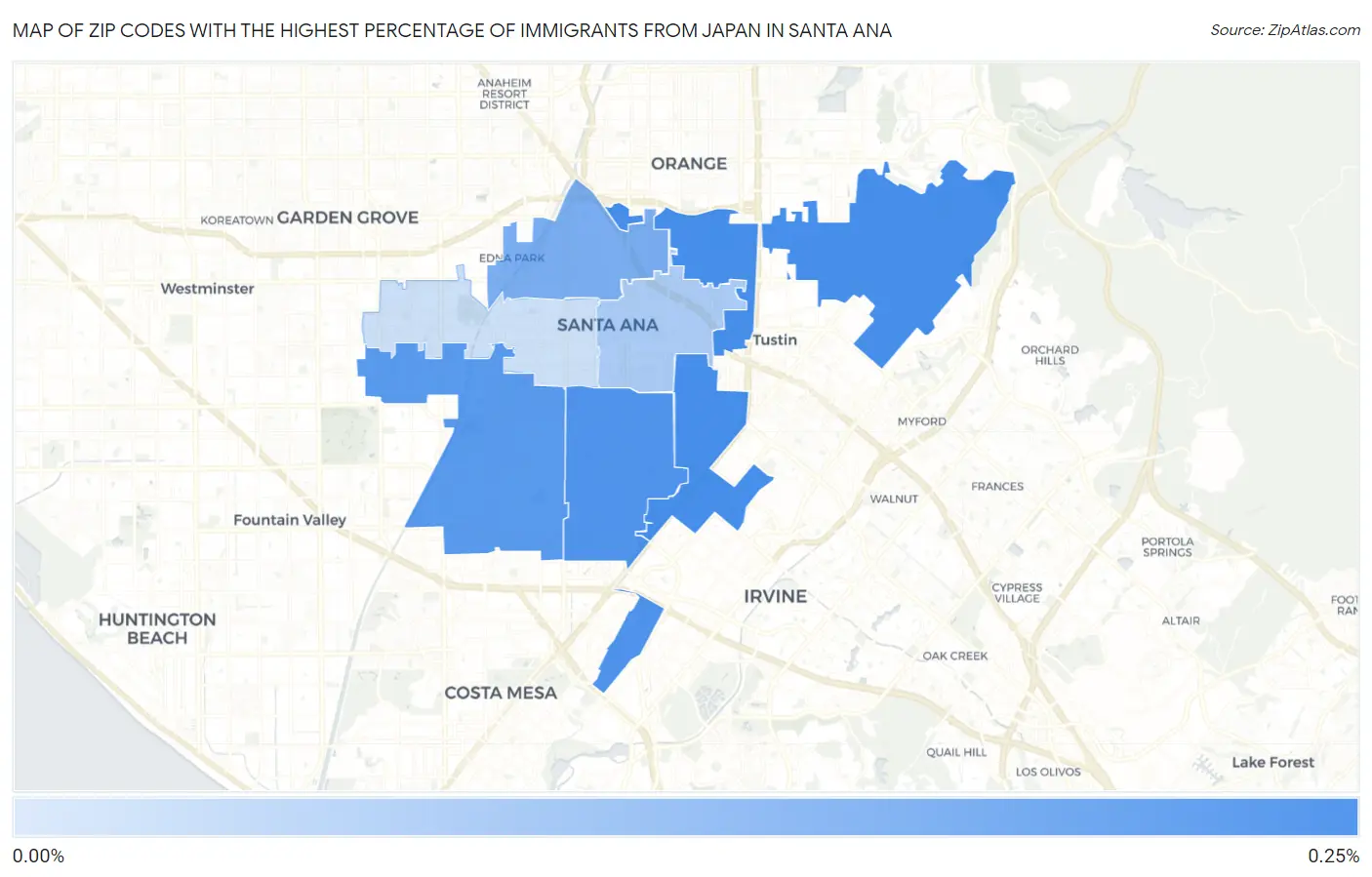 Zip Codes with the Highest Percentage of Immigrants from Japan in Santa Ana Map