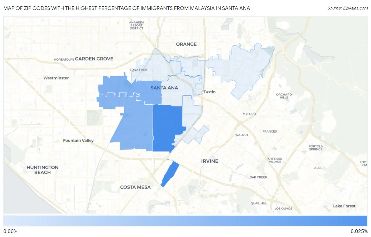 Zip Codes with the Highest Percentage of Immigrants from Malaysia in Santa Ana Map