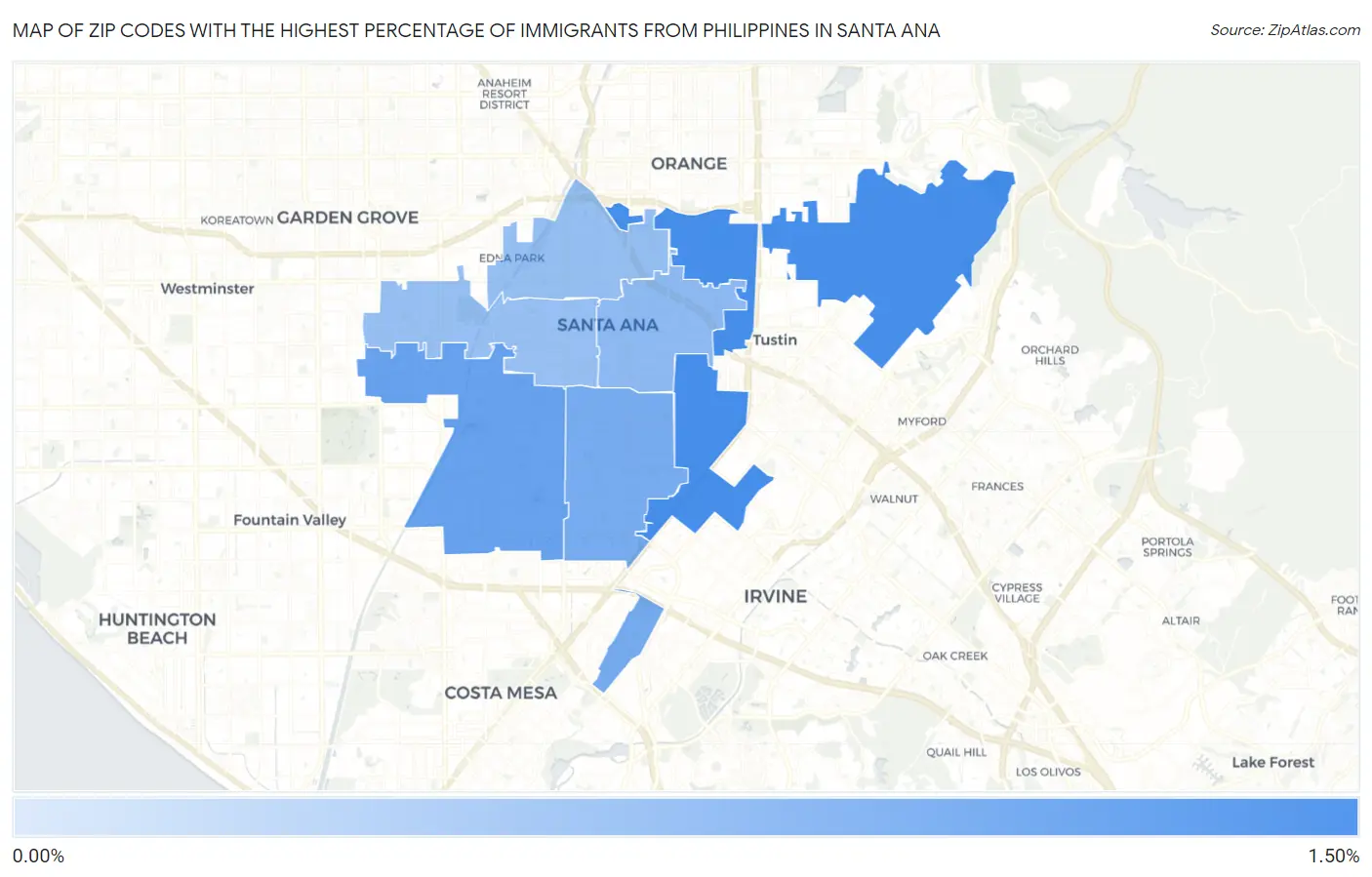 Zip Codes with the Highest Percentage of Immigrants from Philippines in Santa Ana Map